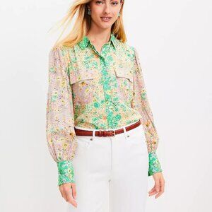LOFT Floral Crepe Utility Shirt Size XS Boho Balloon Sleeve Western Pink Green